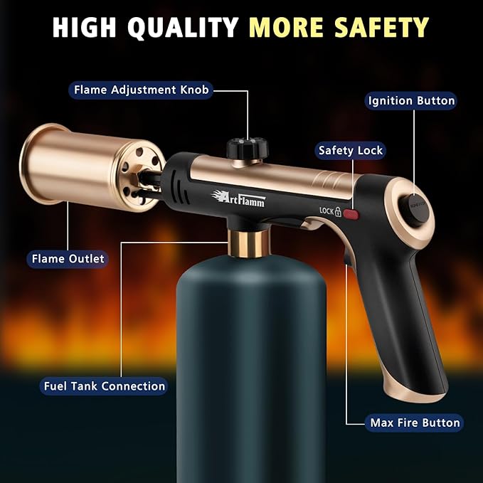 ARTFLAMM Propane Torch with Turbo Mode, Flamethrower Gun with Safety Lock, Blow Torch Gun for Cooking, Kitchen Food Torch Head for Grill, Searing Steak, BBQ, Charcoal Lighter(Tank Not Included)