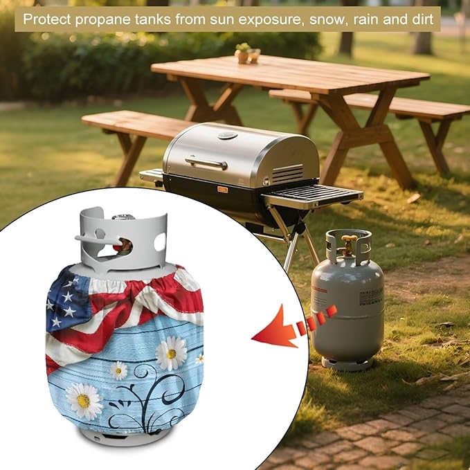 American Flag Dual Propane Tank Cover 20 lb Patriotic Weather Resistant Windproof Gas Cylinder Polyester Daisy 4th of July Decoration Slip-On Standard Tank Cover