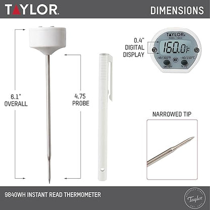 Taylor Instant Read Digital Meat Thermometer for Grill, BBQ & Kitchen, NSF Approved, Fast Internal Temperature Readings, F/C Switchable Display, Battery Included, Pocket Sleeve Clip, White