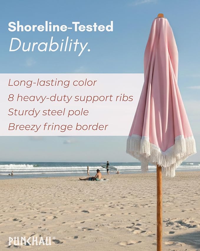 6 Ft Fringe Patio Umbrella - Outdoor Umbrella for Patio, Pool, Table, Garden, Deck, Beach, and Outdoors - Fashionable Boho Vintage Tassels & Wood Print - Push Button Tilt Pole