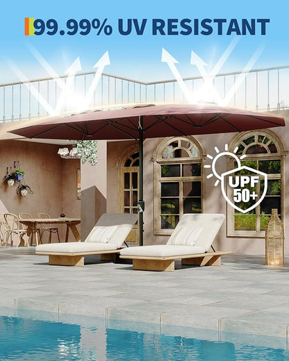 GarveeLife 15 ft Large Patio Umbrella with Lights, 36 LED Lights Double-sided Patio Umbrella with Weighted Base for Poolside Garden Backyard