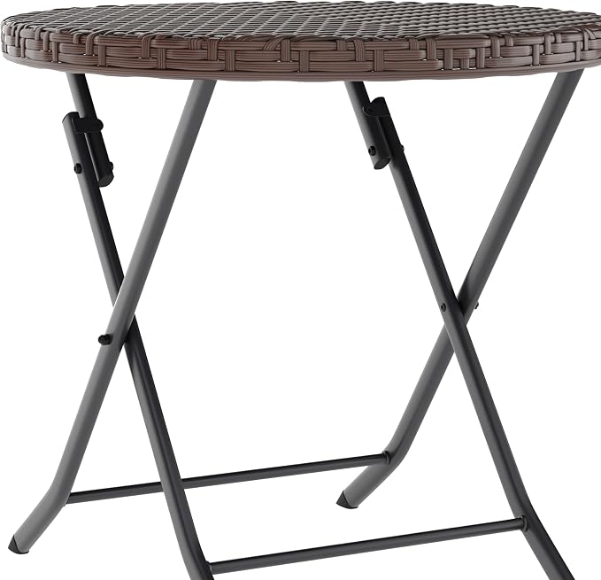 Flash Furniture Rouen Commercial Grade Folding Bistro Set, Indoor/Outdoor PE Rattan Table Top, Back and Seat, Black Steel Frames, 3 Piece Set, Brown/Black