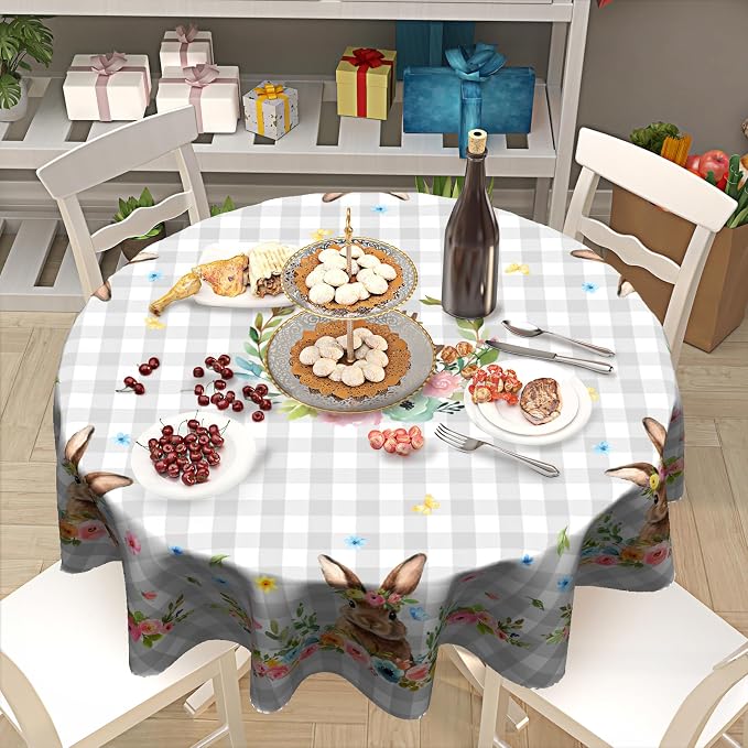 Sweetshow Happy Easter Wreath Table Cloth Round Colorful Flowers Grey White Buffalo Plaid Rabbit Tablecloth 70 Inch Decor Washable Stain and Wrinkle Spring Floral Round Table Cover for Dining Picnic