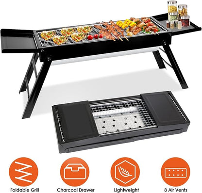 KOCASO Foldable Charcoal BBQ Grill with Shelf Stainless Steel Grill Net Easy Setup Portable Tabletop Barbecue Grill for Camping Picnic Outdoor Party Backyard
