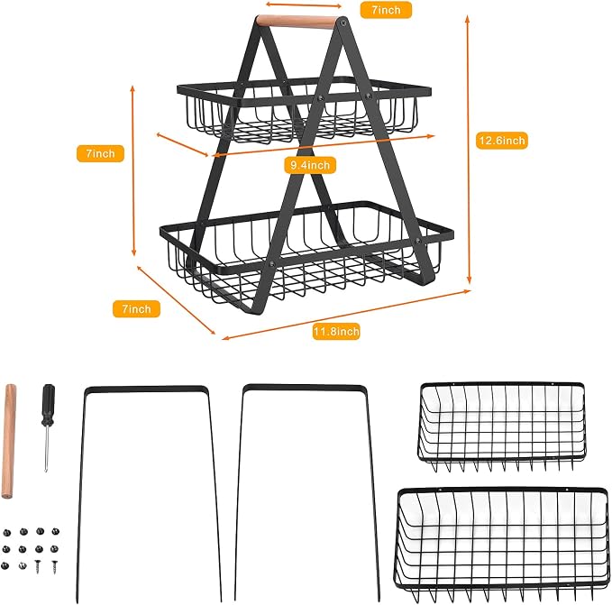 mahueeol 2-Tier Metal Fruit Basket for Kitchen Counter with Wooden Handle | Detachable rectangular baskets hold fruits, vegetables, bread and snacks; use stacked or separately in kitchens and pantries