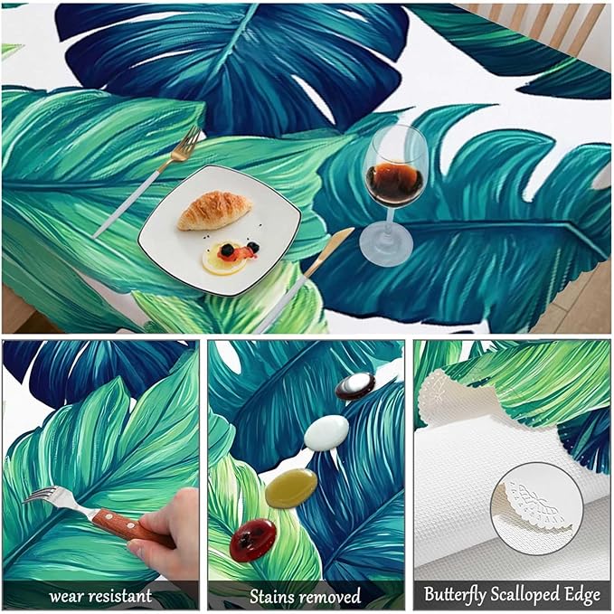Swono Tropical Leaves Tablecloth Ocean Beach Turquoise Green Palm Leaves Rectangle Table Cloth Washable Plaid Table Cover for Kitchen Holiday Dinner, 52x 70 Inch Tablecloth