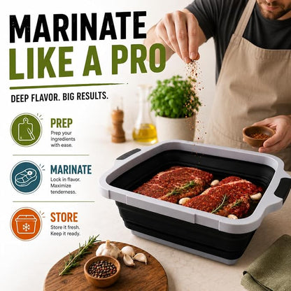 Collapsible BBQ Prep Tub with Lid and Cutting Board, XL Grilling Container | Perfect for Meal Prep, Marinade, Storage, Camping, Barbecue, Smoked, Party, Turkey, Beef, Chicken, Locking Lid, Large Size