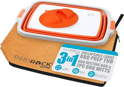 BIRDROCK HOME Collapsible Large BBQ Prep Tub, BBQ Resting Bag & 2pc BBQ Mitts - Multi-Function Grill Caddy w/Colander & Lid, Portable Silicone Dish Bowl for Picnic, Tailgate, Camping