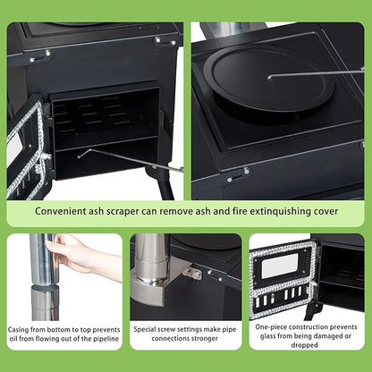 Wood Burning Camping Stove, Portable Cast Iron BBQ Grill Outdoor Cooking with Chimney Pipe, Black Wood Stove for Outdoor Cooking, Camping, Heating, Bonfire & Picnic