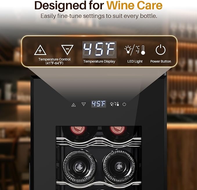 12 Bottle Wine Fridge, Slim Wine Cooler Refrigerator with Glass Door for Red, White, Champagne, Compressor Cooling, Freestanding Wine Refrigerator for Home Bar, Apartment, Office