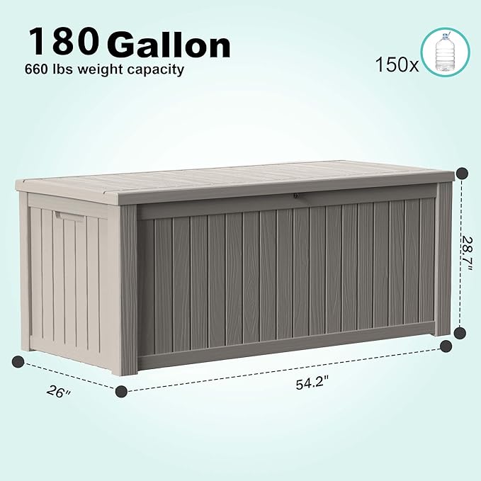 PatioZen 180 Gallon Deck Box,Resin Outdoor Storage Box with Lockable for Patio Furniture, Pool Accessories, Garden Tools Waterproof Outside Storage Box (Grey)