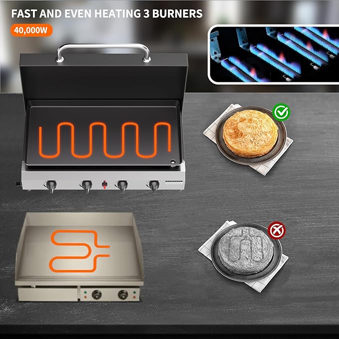 SKOK 4 Burner Gas Griddle with Hood- 30 Inch Outdoor Propane Griddle-60000 BTU Propane Fuelled, Portable Flat Top Gas Grill Camping Griddle with Lid for Kitchen, Outdoor BBQ, Camping