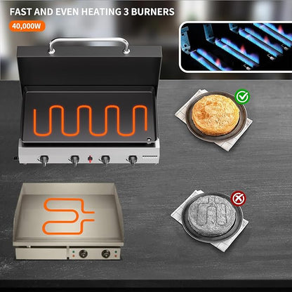 SKOK 4 Burner Gas Griddle with Hood- 30 Inch Outdoor Propane Griddle-60000 BTU Propane Fuelled, Portable Flat Top Gas Grill Camping Griddle with Lid for Kitchen, Outdoor BBQ, Camping