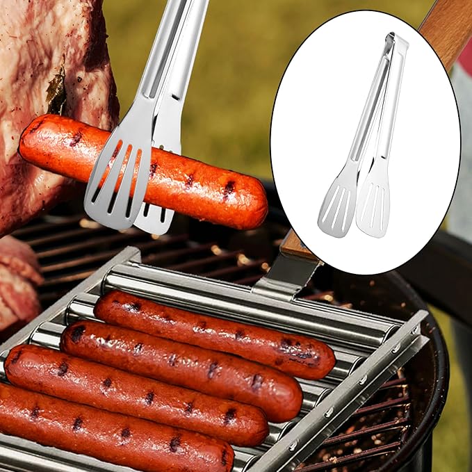 9.5 Inch Long Hot Dog Roller for Grill - Stainless Steel BBQ Hot Dog Grill Roller with Wood Handle, Grill Accessories with Tongs for Sausage Grilling,Ensures Even Heating, Hot Dog Buns Holder