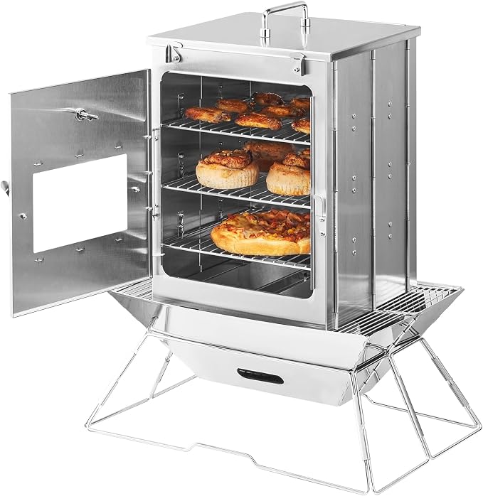 VEVOR Foldable Camping Oven, Stainless Steel Portable Camping Stove, with 3 Tier Grill, Handle and Thermometer, Use with Wood Burning Fire, Propane Stoves, for Baking Bread, Pizza, Outdoor Cooking