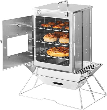 VEVOR Foldable Camping Oven, Stainless Steel Portable Camping Stove, with 3 Tier Grill, Handle and Thermometer, Use with Wood Burning Fire, Propane Stoves, for Baking Bread, Pizza, Outdoor Cooking