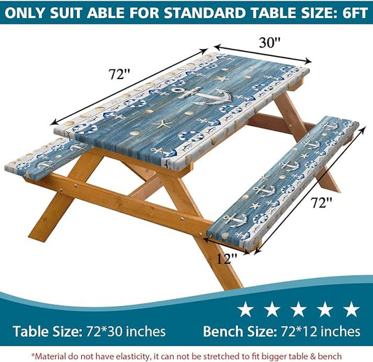 Picnic Table Cover with Bench Covers Elastic Edges, Navy Blue Nautical Anchor Table Cover, Waterproof Windproof Fitted, for Outdoor Camping Patio Garden BBQ, Drawstring Bag, 60 Inch 3PCS