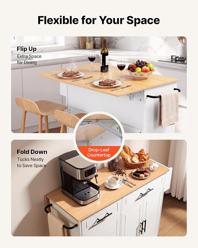 VEVOR Kitchen Island Cart with Storage, 46.06 in Wide Mobile Rolling Storage Island on Swivel Wheels, with Drawer, Storage Cabinet, Drop Leaf, Spice/Towel Rack, Table for Home Dining Room, White