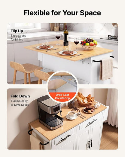 VEVOR Kitchen Island Cart with Storage, 46.06 in Wide Mobile Rolling Storage Island on Swivel Wheels, with Drawer, Storage Cabinet, Drop Leaf, Spice/Towel Rack, Table for Home Dining Room, White