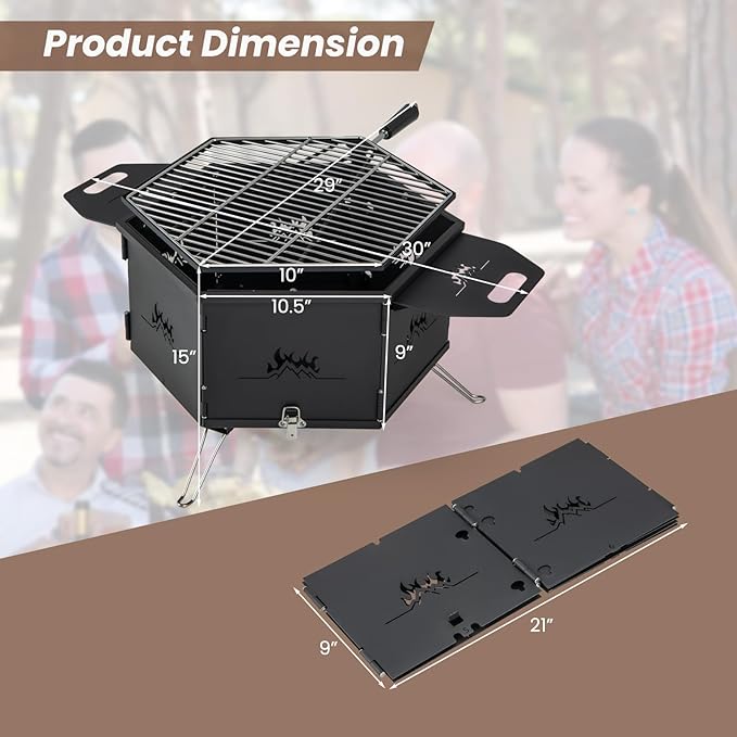 HAPPYGRILL Portable Charcoal Grill Stove, Outdoor Hibachi Grill Smoker w/ 360° Rotatable Grill, Foldable Body & Legs, Heavy-duty BBQ Grill w/Handles for Cooking & Heating