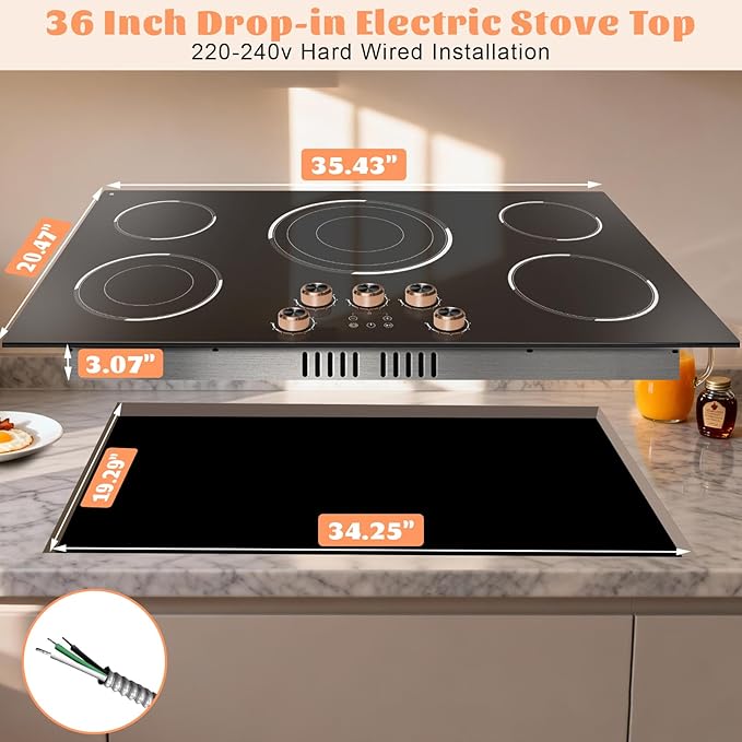 36 Inch Electric Cooktop 220V, 9200W Powerful 5 Burner Electric Stove Top, Built-in Ceramic Cooktop 36" with Dual/Triple Ring Burner, Knob & Touch Control, Safety Lock, 220-240V Hard Wire