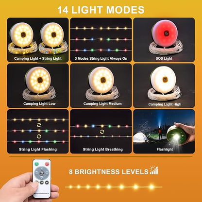 Camping String Lights, 4 in 1 Quick Storage 33FT Rechargeable Tent Lights with 14 Lighting Modes, Hanging Waterproof Portable Retractable LED Lamp for Outdoor, Patio, RV, Awning, Garden, Party