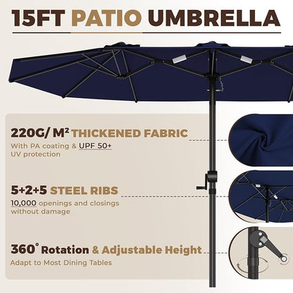 GDPFN 15FT Large Patio Umbrella, Outdoor Deck Standing Umbrella with Crank Handle, Double-Side Rectangular Pool Umbrella for Outside, Market, Patio, Navy Blue (Base Not Include)