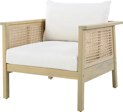 Christopher Knight Home Teras Acacia Wood Lounge Chair Outdoor Set of 2 with Removable Cushion, Solid Wood Patio Accent Chair with PE Wicker Accents, Patio Furniture Set Sofa Chair, Light Teak+Cream