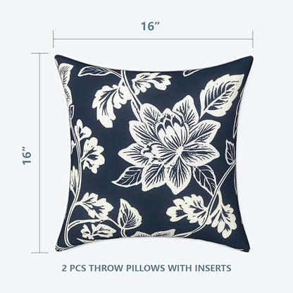 LVTXIII Outdoor/Indoor Throw Pillows, Decorative Patio Accent Pillows, Fluffy Water Repellent Garden Cushions for Home Patio Coach Sofa Use, 16×16 Inch, Pack of 2, Elegant Vines Navy