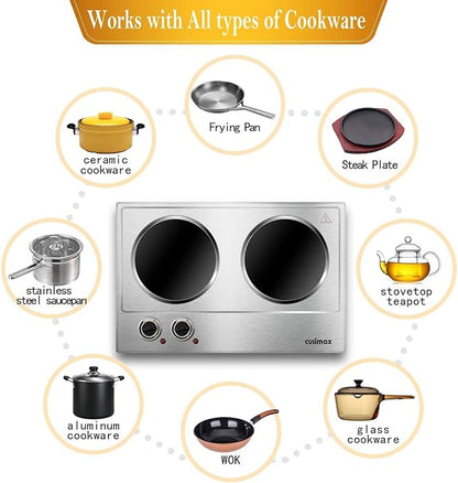 Double Burner, CUSIMAX 1800W Ceramic Electric Hot Plate for Cooking, Dual Control Infrared Cooktop, Portable Countertop Burner, Glass Plate Electric Cooktop, Silver, Stainless Steel-Upgraded Version