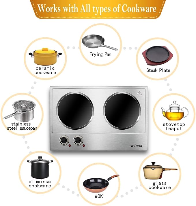 CUSIMAX 1800W Ceramic Electric Hot Plate for Cooking, Double Burner, Silver | Dual Control Infrared Cooktop, Portable Countertop Burner, Glass Plate Electric Cooktop, Stainless Steel