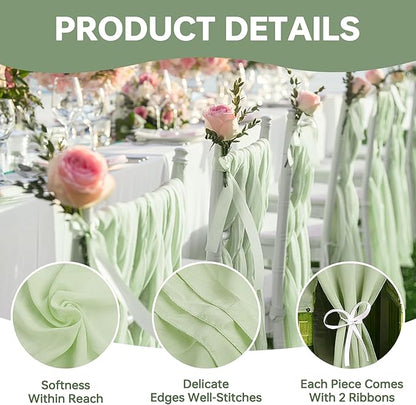 Sage Green Glitter Chiffon Table Runner 35x120 Inches 6 Pack for Outdoor BBQ Thanksgiving Party Table Decor