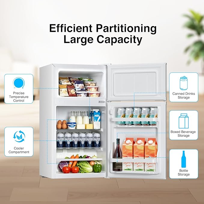 Kismile 2.5 Cu.Ft Mini Fridge with Freezer, Double Door Fridge, White | Reversible Door Compact Refrigerator with Mechanical Thermostat & Removable Shelves, Quiet for Bedroom Office