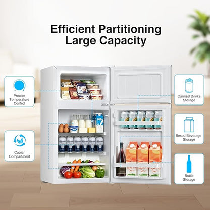 Kismile 2.5 Cu.Ft Mini Fridge with Freezer, Double Door Fridge, White | Reversible Door Compact Refrigerator with Mechanical Thermostat & Removable Shelves, Quiet for Bedroom Office