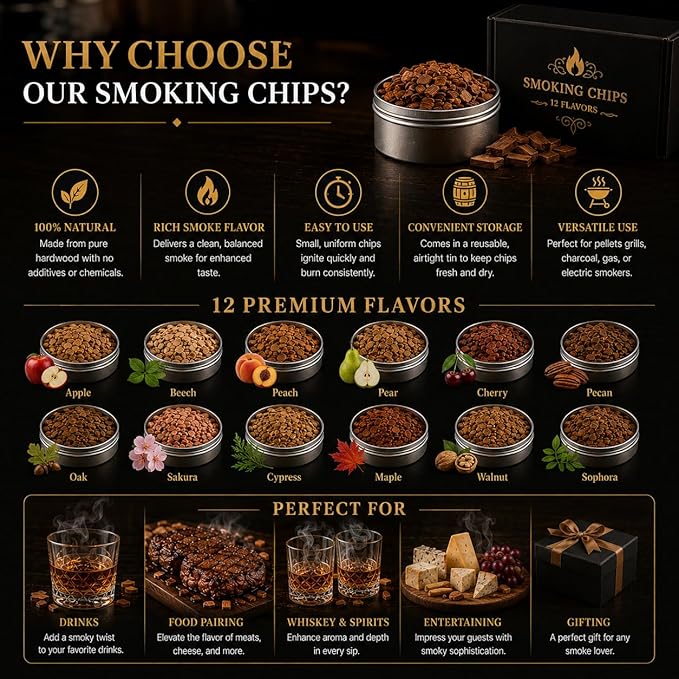 Cocktail Smoker Wood Chips, 12 Flavors Natural Wood Chips for Cocktail Smoker Kit, 12 x 1oz Premium Whiskey Smoking Chips for Bourbon, Old Fashioned, BBQ & Grilling