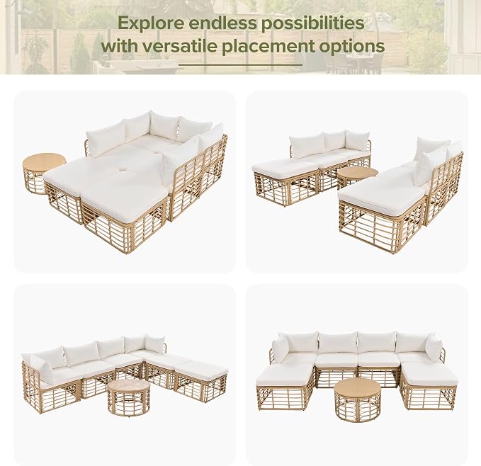 7 Pieces Outdoor Patio Furniture Sectional Sofa Set with Coffee Table, All-Weather Rattan Conversation Set with Thick Cushions and Pillows for Garden Backyard Balcony, Freely Combined (Beige-7S)