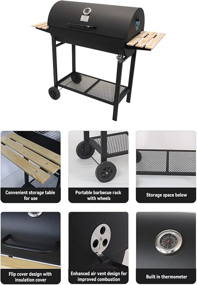 Charcoal Portable BBQ Grill with Wooden Shelf and Wheels, 49.2 in (125 cm) Wide