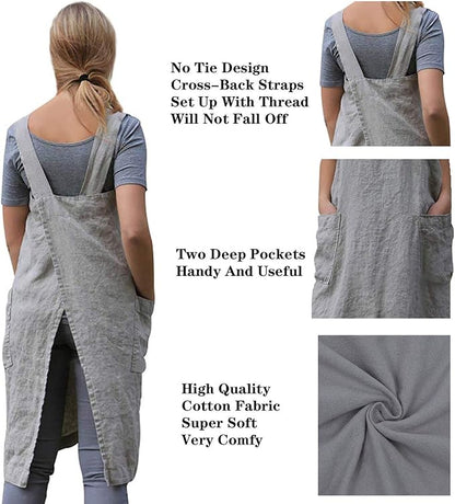 TBA Cotton Linen Apron Cross Back Apron for Women with Big Pockets Square Pinafore Dress for Baking Cooking BBQ & Grill