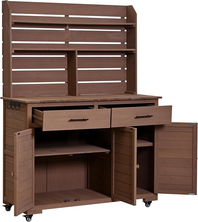 Outdoor Grill Cart with Storage Cabinet, Wood Outdoor Kitchen Island Prep Cart Grill Station for Food Prep and BBQ, Brown