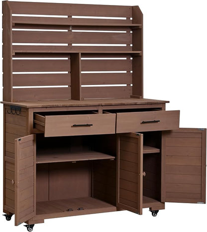 Outdoor Grill Cart with Storage Cabinet, Wood Outdoor Kitchen Island Prep Cart Grill Station for Food Prep and BBQ, Brown