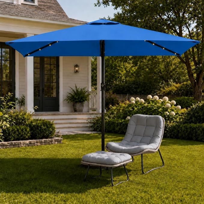 6.5 x 10ft Rectangular Patio Umbrella with Solar Lights, 16 LED Lighted Market Umbrella with Push-Button Tilt and Crank, 6 Sturdy Iron Ribs for Garden, Deck, Pool, Royal Blue