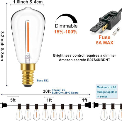 Spacenight Outdoor String Lights 30ft with 25+2 Spare LED Filament Bulbs, Dimmable Shatterproof Waterproof, for Indoor/Outdoor Decoration and Lighting, Edison Vintage Style Warm 2200K