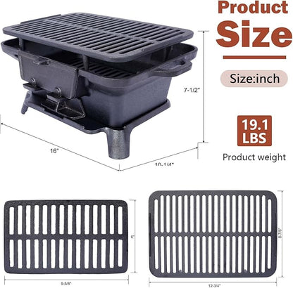 Oval Cast Iron Grill Outdoor, Portable Small Charcoal Grill with Tabletop Cast Iron Skillet, Compact Camping Charcoal Cooker, for Tailgating, Picnics & Hunting (16 * 10.2 * 7.5)