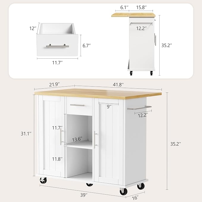 Shintenchi Kitchen Island with Storage, Bar Cart Cabinet Island Table on Wheels, Rolling Microwave Cart for Kitchen with Drop Leaf, Drawers, Towel Rack, Seating Area for Dining Room, White