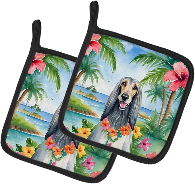 Caroline's Treasures Afghan Hound Luau Pair of Pot Holders Kitchen Heat Resistant Pot Holders Sets Oven Hot Pads for Cooking Baking BBQ, 7 1/2 x 7 1/2