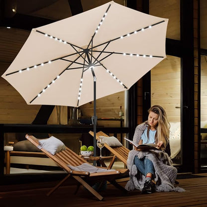 FLAME&SHADE Solar Patio Umbrella with a Centre Light, 9 FT Beige | 40 LED Lights, UV Protection, Waterproof, Porch Deck Outdoor Umbrella for Pool, Backyard, Garden, Provides Evening Lighting