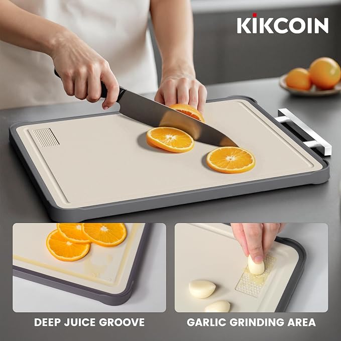 Kikcoin 17"×11" 304 Stainless Steel Cutting Boards for Kitchen, Dishwasher Safe Food Grade PP Double Sided Cutting Board, Extra Large Non-Toxic Chopping Board for Meat, Cheese & Charcuterie, Beige