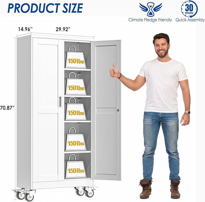 GAIOUS Metal Garage Storage Cabinet with Lock, Steel Tool Cabinet with 2 Door and 4 Adjustable Shelves, 71” Tall Lockable File Cabinet with Wheels, Rolling Cabinet for Home Office Garage Gym - White