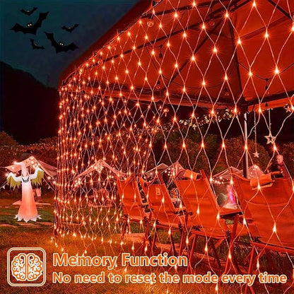 QITONG 360 LED Orange Christmas Net Light Outdoor, 12ft x 5ft Net Lights Outdoor Mesh Lights with 8 Modes, Clear Wire Thanksgiving Bush Light Plug in