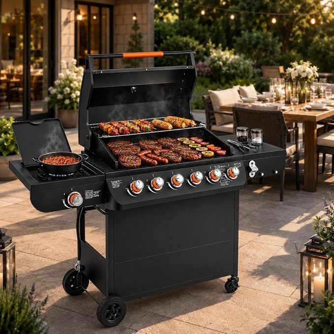 6-Burner Propane Gas Grill with Side Burner, 72,000 BTU Outdoor BBQ Grill, 650 Sq. In. Cooking Area, Cast Iron Grates, 4 Wheels, Pull-Out Drip Tray, Black